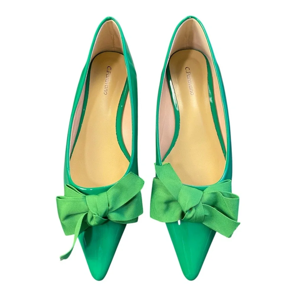 C Paravano Emerald Green Patent Bow Pointed Toe Flats Size 39‎